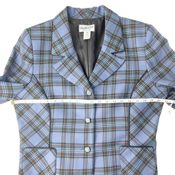 Vintage Pendleton Blue Plaid Virgin Wool Dainty Feminine Cropped Blazer Size 14 - Picture 8 of 8